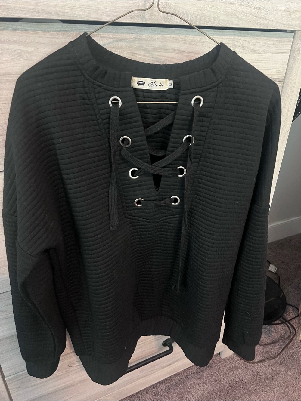 Black Lace-Up Ribbed Pullover Top